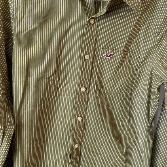 Hollister Men’s Button Down Shirt Size Medium Green Striped Long Sleeve - Picture 4 of 13